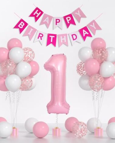 First Birthday Decorations for Girl - Pink Balloon Set With White Confetti, 40-inch '1' Balloon and Happy Birthday Banner for Baby Princess