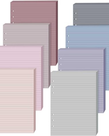 PerKoop 8 Pack Lined Refill Paper A5 Colored 6 Ring Binder Planner Inserts 6 Hole Notebook Refills Paper 8.2 x 5.8 Inch Loose Leaf (Soft)