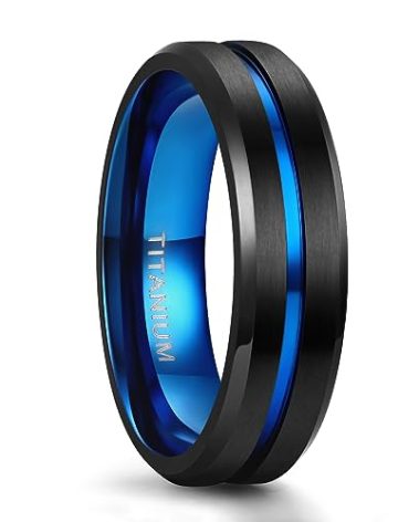 TIGRADE Titanium Ring 6MM 8MM 10MM Black and Blue Two-Tone Centre Groove Wedding Band Matte Finish Comfort Fit for Men Women, 6MM, Size 4.5