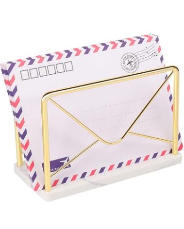 Jeasor Modern Mail Holder for Home Office, Metal Letter Organizer Sorter for Desk, Cutout Mail Envelope Design, Bill Filling Paper Document Rack, Envelope Storage Rack with Marble Base