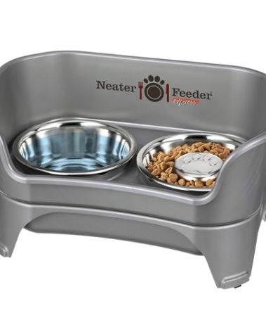 Neater Feeder - Express Model w/ Slow Feed Bowl - Mess-Proof Dog Bowls (M/L, Grey) Made in USA – Elevated, No Spill, Non-Tip, Non-Slip, Raised Stainless Steel Food/Water Pet Bowls Aid Digestion