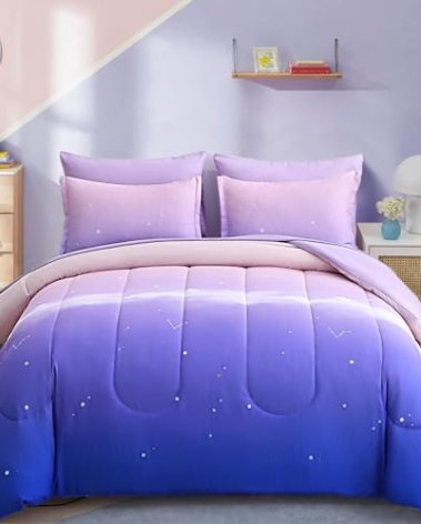 Dinjoy Girls Comforter Set Twin Size Colorful Rainbow Ombre Purple Lavender Pink Bedding Set Gradient 6 Pieces Bed in A Bag for Kids Teen Girl Women(1 Comforter, 1 Flat Sheet, 1 Fitted Sheet)