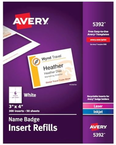 Avery Customizable Name Badge Inserts for Name Tag Holders, 3" x 4", White, Laser/Inkjet Printable, 300 Total (5392)