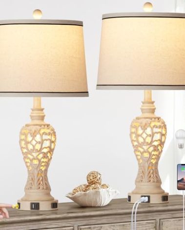 Rinweey Table Lamps Set of 2, Farmhouse Table Lamps with Nightlight, Rustic Bedside Lamps with Dual USB & AC Outlet, 25.2'' Beige Vintage Nightstand Lamps for Bedroom Living Room, Bulbs Included