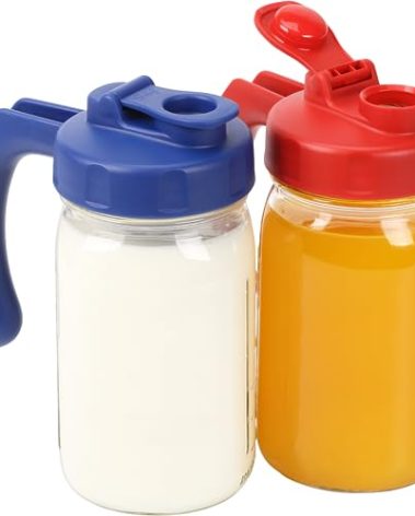 2 Pack Wide Mouth Mason Jar Lids with Handle, Airtight & Leak-proof Seal, Easy Pouring Spout, Turns your Mason Jar into Pitcher, Silicone Seal Gasket, Jars not included