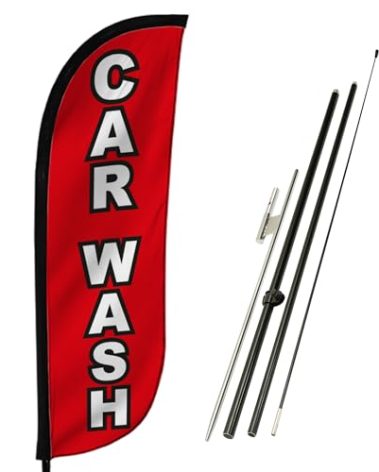 LookOurWay Feather Flag Pole Kit - 7 Feet Tall Advertising Flag Banner with Fiberglass Pole Set and Ground Spike for Business Promotion - Car Wash Flags - Car Wash Red & White