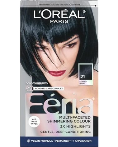 L'Oreal Paris Feria Multi-Faceted Shimmering Permanent Hair Color, 21 Starry Night (Bright Black), Pack of 1 Hair Dye Kit