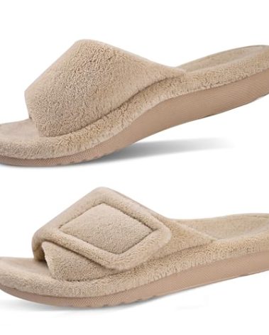 GRITHEIM Women's Orthotic Arch Support Slippers Fuzzy Adjustable Orthopedic Slippers for Plantar Fasciitis Furry Slide for Ladies (Brown, 7)