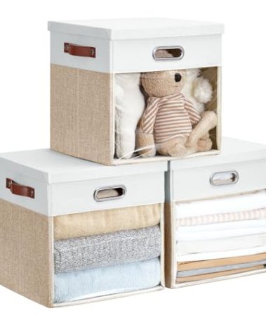 Roobyl Fabric Storage Cubes with Clear Windows and Lids, 13'' Foldable Storage Bins with 3 Handles, Decorative Storage Boxes for Home, Bedroom, Closet, Office (Beige & White)