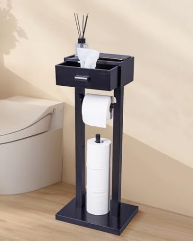 Freestanding Toilet Paper Holder Stand with Shelf, Matte Black Wooden Toilet Paper Roll Holder with Wet Wipes Storage Drawer,Bathroom