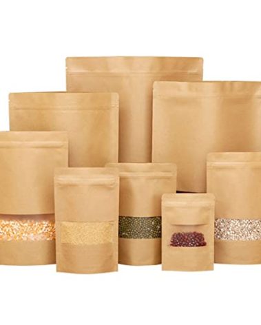50 pcs Kraft Bags with Window Stand Up Ziplock Seal Paper Bag Resealable Large Food Storage Pouch 10x14in