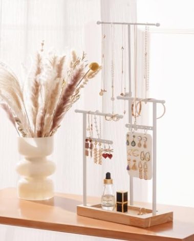 ProCase Jewelry Organizer Jewelry Holder Jewelry Stand with Ring Tray and Study Metal Frame, Necklace Holder Organizer Bracelet Display Storage Rack for Studs Rings -White