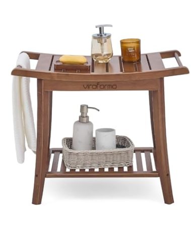 Viroformo Bamboo Shower Bench Stool with Storage Shelf and Soap Dish, Waterproof Shower Stool 2-Tier, Walnut Bathroom Bench Spa Seat Non-Slip, Shower Chair Indoor and Outdoor Use