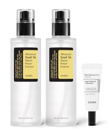 COSRX Snail 96% Mucin Power Essence 2ea & Retinol 0.1% Cream Mini Sample 1ea, Glass Skin Starter Set, Amazon Exclusive, Daily Hydrating & Firming Korean Skin Care Kit, Gift Set, Stocking Stuffers