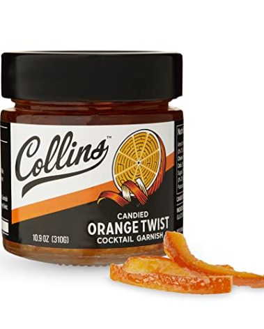Collins Candied Fruit Orange Peel Twist in Syrup, Popular Cocktail Garnish for Skinny Margarita, Martini, Mojito, Orange Peel for Old Fashioned Drinks, Baking, Desserts, Salad, 10.9 oz