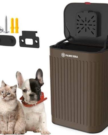 PAWZIDEA Wall Mount Dog Poop Trash Can Outside, 2.1 Gallon Small Dog Waste Bin with Lid, Activated Carbon Odor Control, Waterproof Metal Pet Waste Disposal Container, Fence Hang Poop Proof Garbage Can