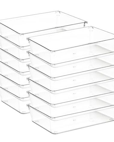 Ravinte Decor 12 Pack Drawer Organizer - 6" X 9" Clear Acrylic Storage Bins with Non-Slip Pads, Versatile Desk Tray for Makeup, Jewelry, Kitchen, Bathroom, and Office Organization