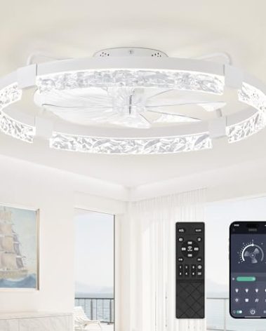 LEDIARY 24 Inch Low Profile Ceiling Fans with Lights and Remote, Flush Mount Fandelier Ceiling Fan, 3000K-6000K Dimmable LED Fan Light, White Modern Ceiling Fans with Lights for Bedroom