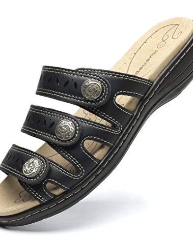 Hueneph Women's Comfort Black Leather Slides Lightweight Flat Sandals Cute Slip On Casual Walking Slippers 9 M US 2205-HEI090