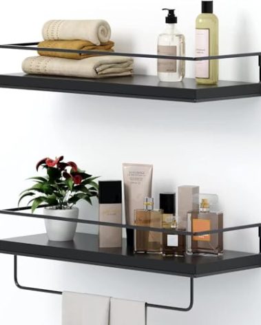 Shario Black Floating Shelves - Set of 2, Wall Mounted Hanging Shelves with Black Towel Rack, Decorative Storage Shelves for Bathroom, Kitchen, Living Room & Bedroom