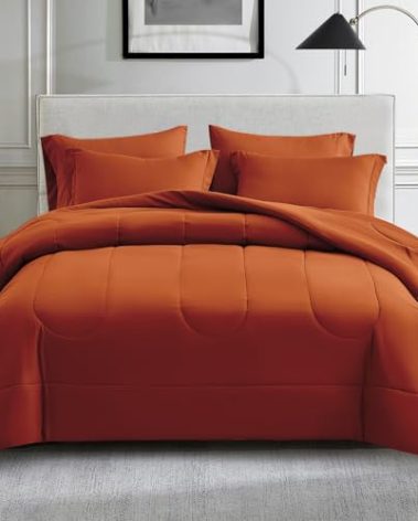 Maple&Stone Full Size Comforter Set 7 Pieces Bed in a Bag - Down Alternative Bed Set with Sheets, Pillowcases & Shams, Soft Reversible Duvet Insert, Burnt Orange
