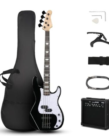 Ktaxon 4 String Electric Bass Guitar, PB-Style Full Size Standard Right Handed Beginner Kit with 20W AMP, Gig Bag, Strap, Upgrade Cable, Guitar Capo for Youths & Adults (Black)