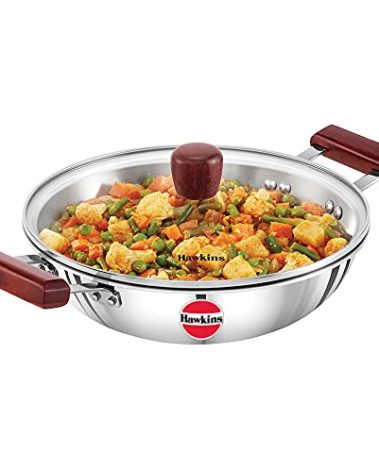 Hawkins 2.5 Litre Deep Fry Pan, Triply Stainless Steel Kadai with Glass Lid, Flat Bottom Induction Kadhai, Silver (SSD25G)