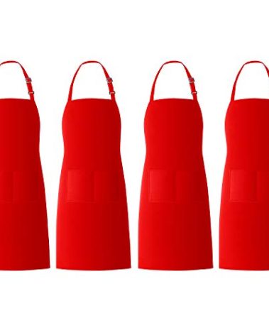 Xornis 4 Pack Bib Aprons with 2 Pockets Kitchen Apron Cooking Chef, Red