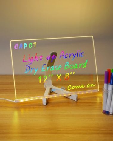 Acrylic Dry Erase Board with Light 11.8 X 7.9” Clear Light up Dry Erase Board with Stand Desktop Glow Memo LED Letter Rewritable Message Board White Board LED Note Board with 7 Color Markers