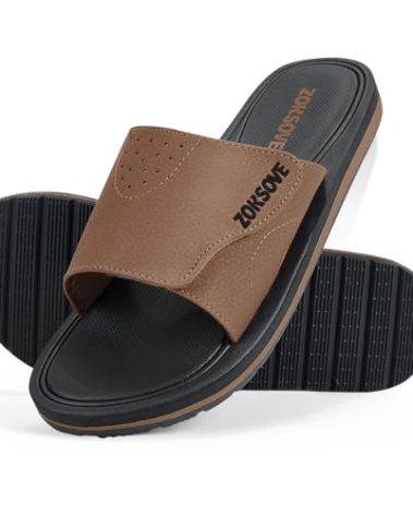 ZOKSOVE Mens Slide Sandals - Adjustable Strap Sandals - Open Toe Memory Foam Casual Beach Sandals - Soft Comfortable House Slippers-Tan 10
