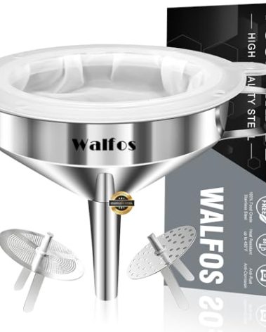 Stainless Steel Funnel, Walfos Kitchen Funnel with 2 Removable Strainer ＆ 1Pc Cleaning Brush, Perfect for Transferring of Liquid, Oils, Jam, Dry Ingredients & Powder (Big, 4.9")