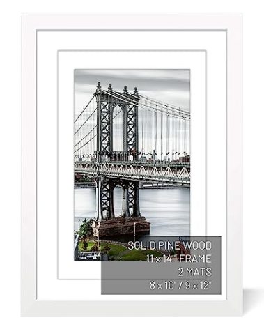 UHFWIFR 11x14 Picture Frames Solid Wood Display Pictures 9x12 or 8x10 with Mat or 11x14 Frame without Mat Poster Photo Frame Art with 2 Mats for Wall Mounting or Table Top(White)