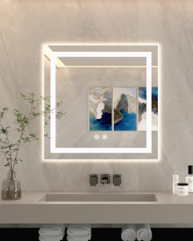 BuLife 28 X 28 Inch Square LED Bathroom Vanity Mirror, 3 Colors Light Dimmable, Wall Mounted Memory Lighted Makeup Mirror with Anti-Fog Touch Switch (Front-lit&Backlit)
