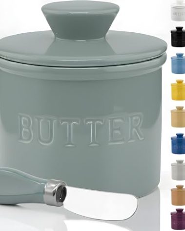 PriorityChef Butter Crock with Lid with Water Line, Ceramic French Butter Dish to Leave On Counter, Light Grey