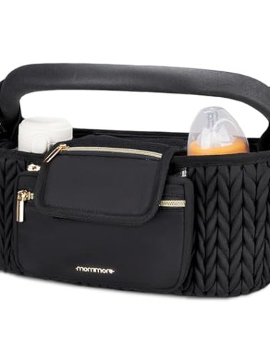 mommore Stroller Organizer with Insulated Cup Holders, Adjustable Stroller Caddy with Detachable Phone Bag, Stroller Accessories Fits for Uppababy, Doona, Jogger, Britax (Black)