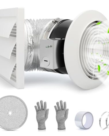 EJVFN 512M Bathroom Exhaust Fan, 6 Inch Wall Mounted Kitchen Exhaust Fan with White Grille, 80 CFM 4.0 Sones, 15-Inch Retractable Duct, Garage Fan, Bathroom Fan, Attic Fan