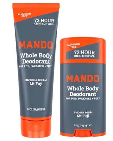 Mando Whole Body Deodorant - Invisible Cream Tube and Solid Stick - 72 Hour Odor Control - Aluminum Free, Baking Soda Free, Skin Safe - 3.0 Ounce Tube and 2.6 Ounce Solid Stick Bundle - Mt Fuji