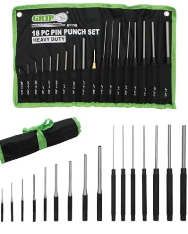 Grip 18 pc Heavy Duty Roll Pin Punch Gunsmithing Set - Roll Pin Punch, Long Pin Punch, Center Punch - Fast and Safe Removal of Pins - Roll Up Storage Pouch