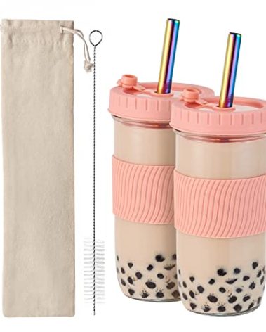 Amyoole 2 Pack Reusable Boba Cup, 24Oz Wide Mouth Smoothie Cup,mason Jar Glass Cups with Lids and Straws,Bubble/Boba Tea Cups,Ice Coffee Tumbler 2 colored straws 1 sponge brush(Pink)