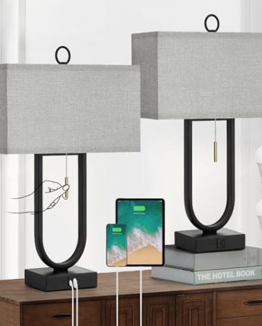 Luvkczc Nightstand Lamps Set of 2 with USB C+A Ports, 24'' Tall Table Lamp with Two 3000K LED Bulbs, Linen Lampshade, Modern Bedside Lamp for Living Room, Bedroom Reading,Grey