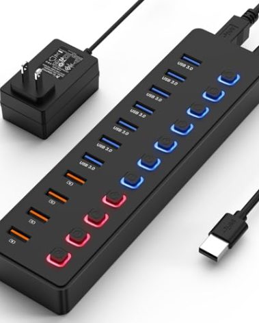 Powered USB hub,USB hub，11-Port hub Splitter (7 USB 3.0 Data Transfer Ports + 4 Smart Charging Port), Independent Switch (with LED Working Indicator) USB 3.0 Hub Powered with Power Adapter for Mac/PC
