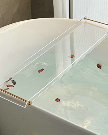 Acrylic Bathtub Tray Caddy, Clear Bath Shelf Tub Rack with Golden Handle, Luxury Bathroom Organizer Tablet Holder SHUNLI