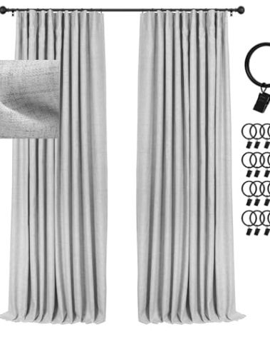 INOVADAY 100% Blackout Curtains for Bedroom, Black Out Curtains 120 Inch Long, Clip Rings Linen Blackout Drapes, Thermal Insulated Room Darkening for Living Room, 2 Panels - Grey,W50xL120