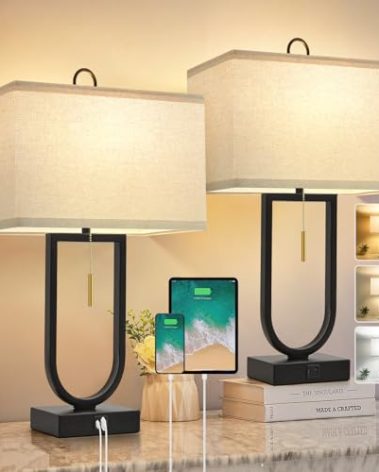 24'' Table Lamps Set of 2 - Desk Lamp & Bedside Lamp, Adjustable Color Temperature, USB C+A Ports, Modern Nightstand Lamps for Bedroom, Living Room, Home Office, Pull Chain Switch( Includes Bulbs)