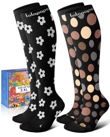 Lalapapa Cotton Compression Socks for Women - 15-20mmHg Cushioned Sole, Soft Breathable for Pregnancy Travel Nurse, Vintage Style, S/M