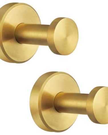 APLusee Brushed Gold Bathroom Towel Hooks 2 Pack, 304 Stainless Steel Robe Hooks for Kitchen Garage, Wall Mounted