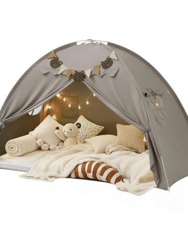 Twin Bed Tent, Bed Canopy Bunk Bed Tent with Stars Lights & Flags, Breathable Sleeping Tent, Privacy Space Dream Playhouse for Indoor Bedroom Floor, Portable Foldable Play Tent with Storage Bag, Grey