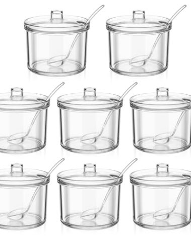 JJUNW 8 Pieces Clear Acrylic Sugar Bowl, 7.1 oz Seasoning Box, Condiment Pots with Spoon and Lid, Sugar Spice Salt Canister for Home Kitchen, Coffee Bar, Restaurant