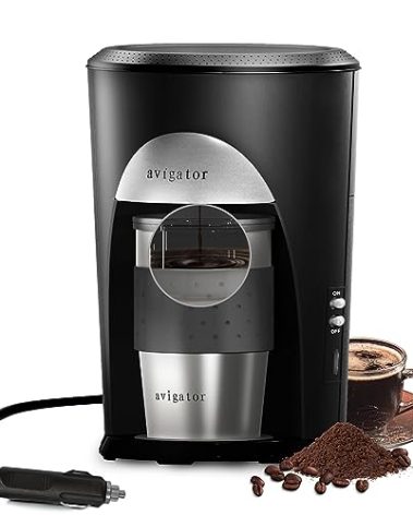 avigator Portable Coffee Maker for Travel Camping Car, Compact Drip Coffee Machine Single Serve with 10 oz Travel Mug for Traveling, RV, Office, Home and Dorm, 12V, Black
