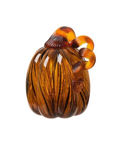 Glitzhome 6.3 Inch Hand Blown Two Tone Stripe Glass Pumpkin Table Accent Amber White